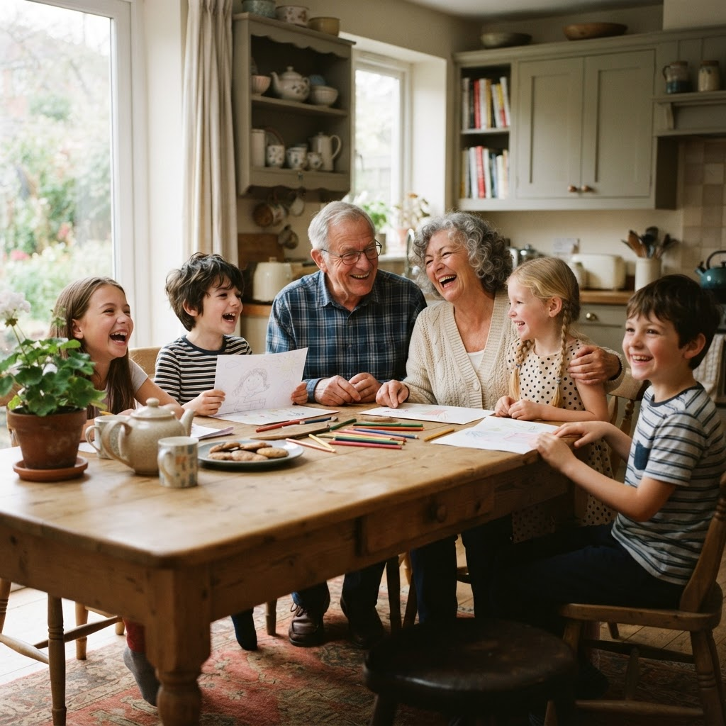 Grandparents laughing with grandchildren around a kitchen table