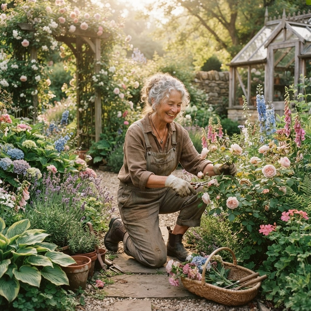 An older woman tending to a home garden in morning light