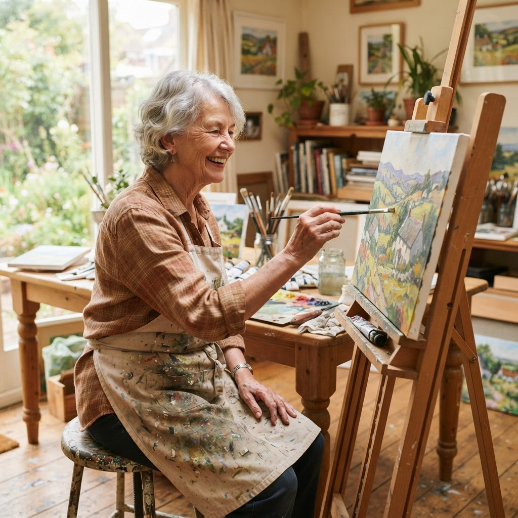 An older woman painting at an easel in a sunlit room